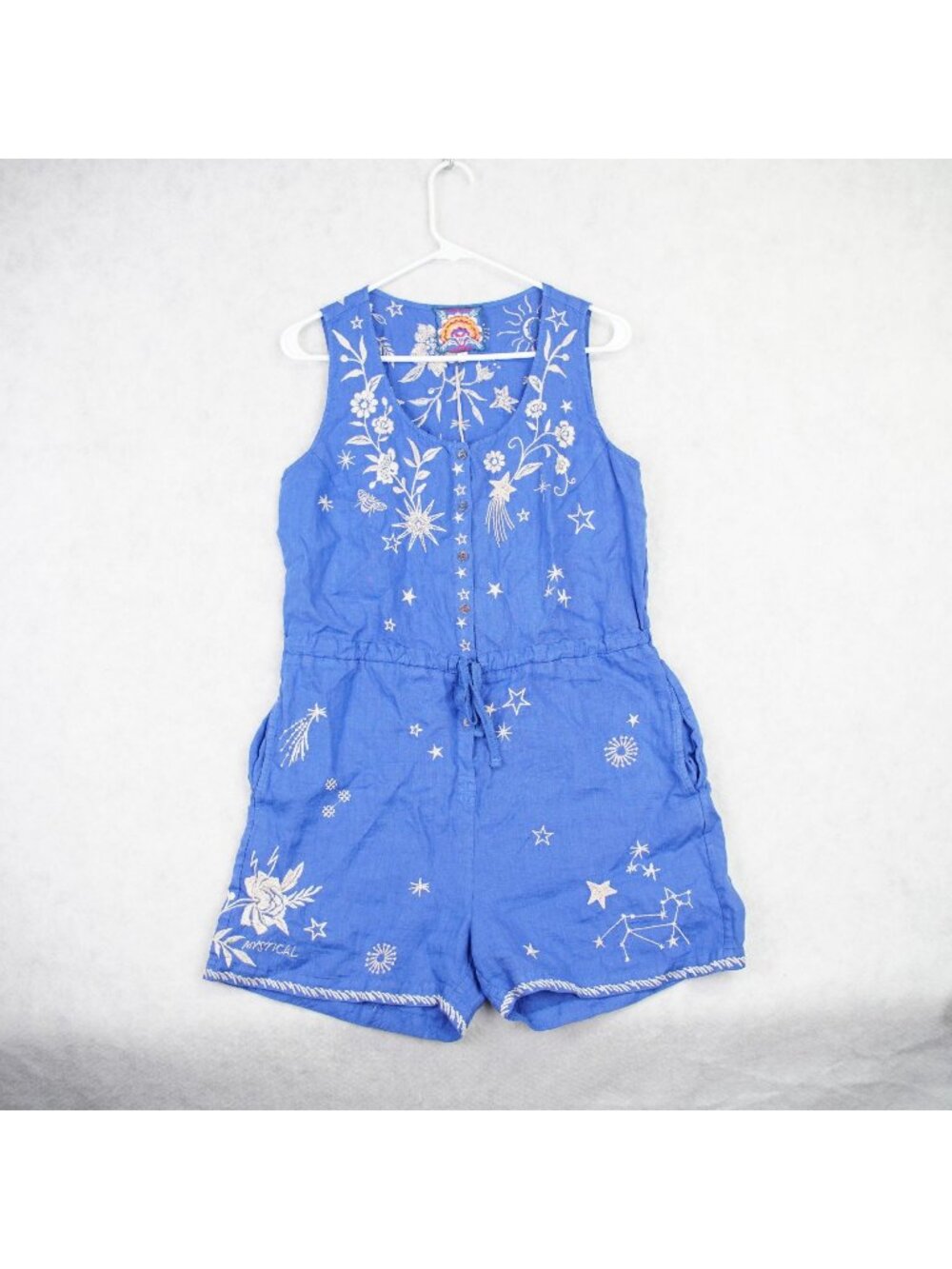 Johnny Was Womens Mia Linen Romper Floral Celestial Star Embroidered Sz S Blue